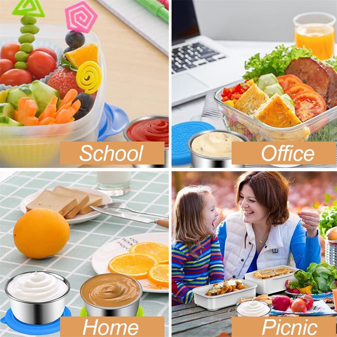 Salad Dressing Container 4Pcs Reusable Ketchup Box To Go Stainless Steel Sauce Pots Leakproof Storage Containers with Lids for Lunch Boxes Sauce Dips