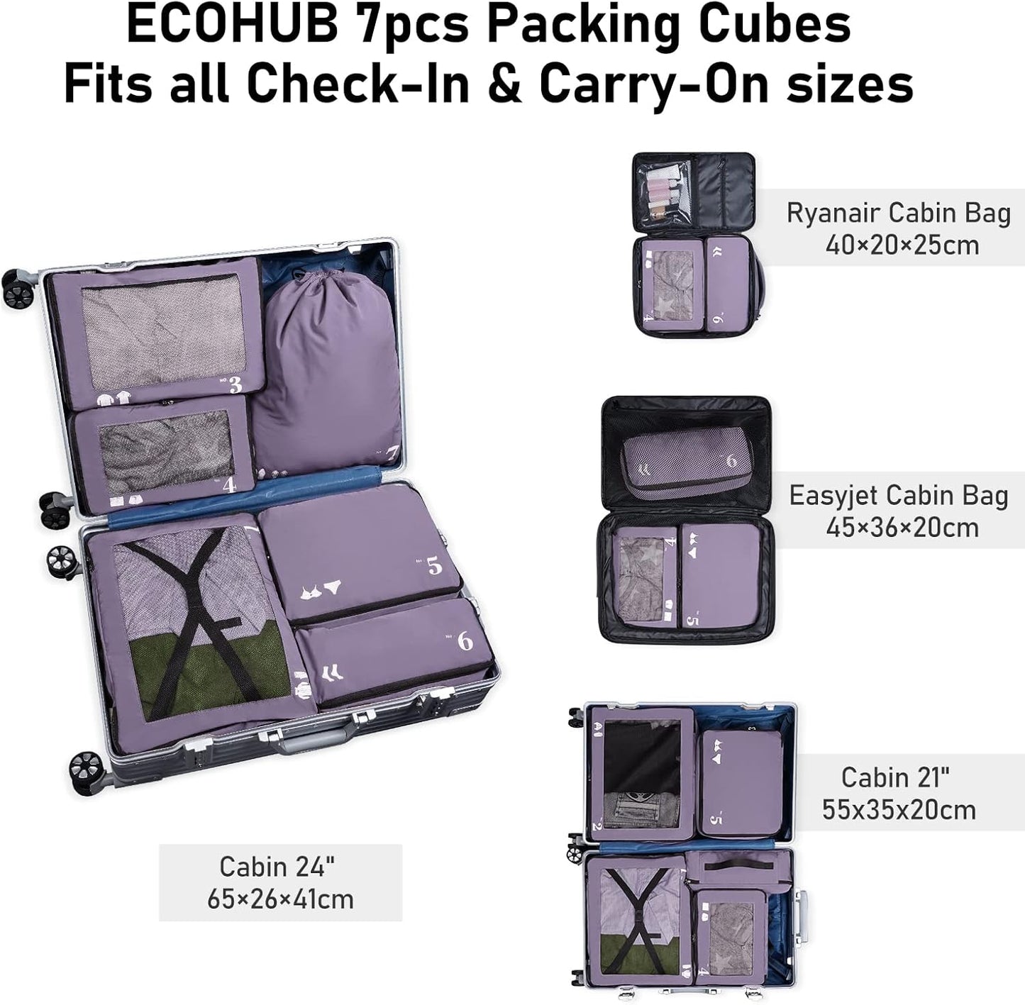 ECOHUB Organizer Suitcases 7 Pieces Packing Cubes Kit Travel Kit Environmentally Friendly PET Travel Accessories Organizer Space-Saving Travel Shoe Holder Organizer Backpack (Purple)