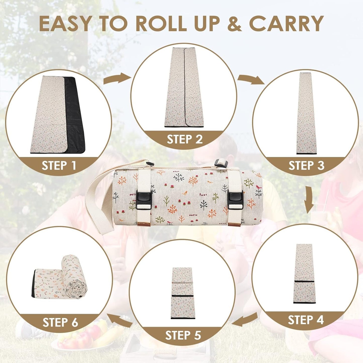 WILLOW WEAVE Picnic Blankets Washable Polyester Camping Blankets Emergency Backpack Accessories with Waterproof Backing and Shoulder Strap, 57"x79"