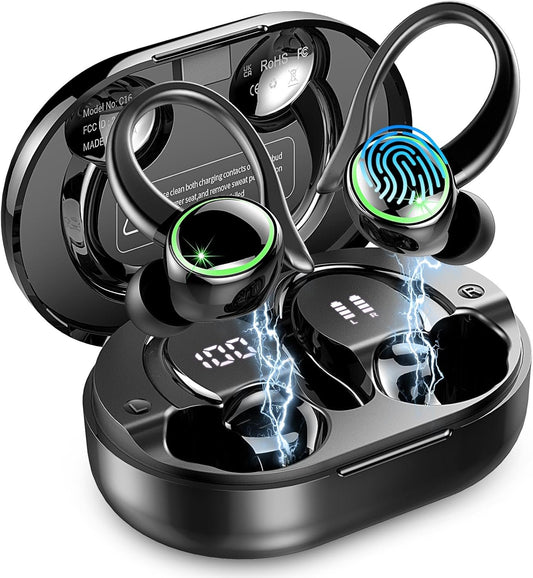 Wireless Earbuds, Bluetooth 5.4 Headphones Sport, Wireless Earphones HiFi Stereo Sound with Noise Canceling Mic, 50H Bluetooth Earbuds with EarHooks, IP7 Waterproof Ear Buds for Sports Workout/Running