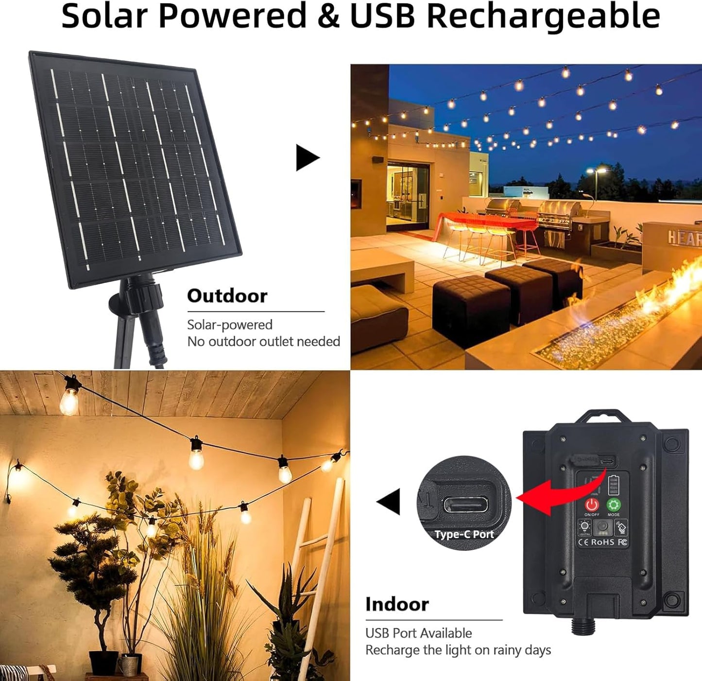 15M Solar Festoon Lights Outdoor, 2700K Warm White Solar Powered String Lights with 2400mAh Battery, 15+1 S14 Festoon Light for Patio Backyard Balcony Gazebo Party Carport