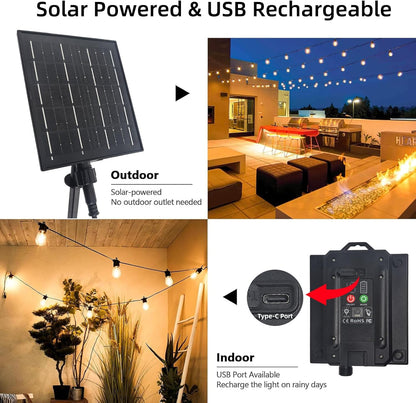 15M Solar Festoon Lights Outdoor, 2700K Warm White Solar Powered String Lights with 2400mAh Battery, 15+1 S14 Festoon Light for Patio Backyard Balcony Gazebo Party Carport