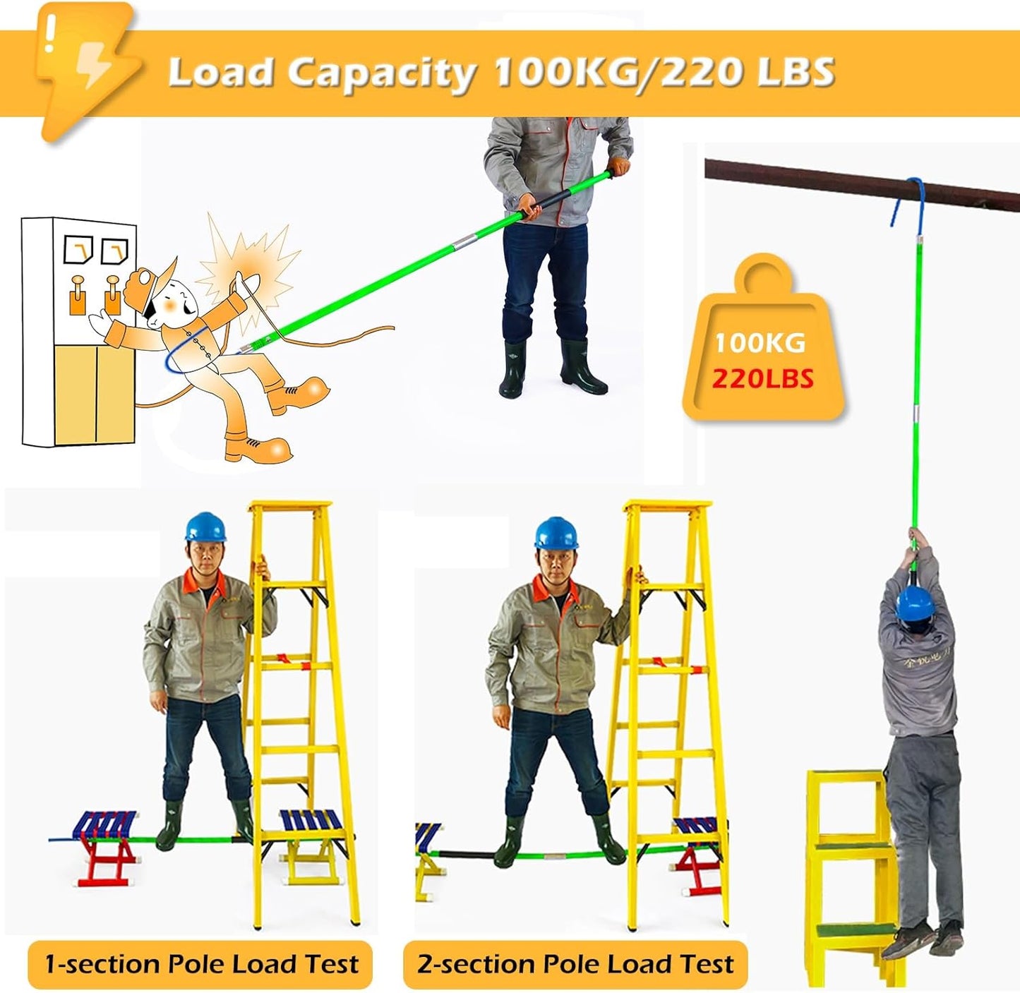 Rescue Hook Stick Electrical Safety Commercial High Voltage Insulated Rescue Hook, Anti-Electrocution Fire Electrical Safety Pole Tool Life-Saving Rod with Non-Slip Handle, for Power Station/Factory E