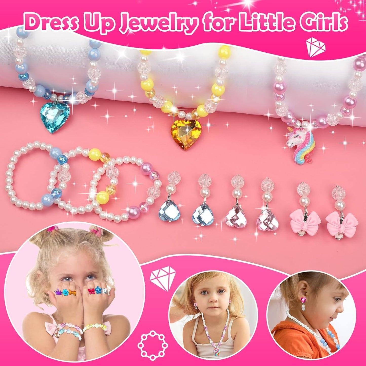 Kids Jewelry Kit Girls Toys, 153pcs Girls Dress Up Play Jewelry Set Kids Toys with Necklaces Bracelets Rings Earrings Hair Accessories and Storage Box, Christmas Birthday Gifts for 3-8 Year Old Girl