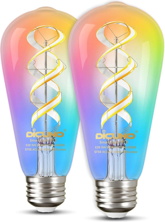 DiCUNO Smart LED Edison Bulb, ST58 E26 Color Changing WiFi & Bluetooth Vintage Filament Bulb, Alexa & Google Assistant Compatible, RGBCW, 50W Equivalent, Pack of 2