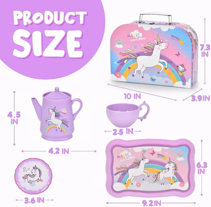 Astraio Unicorn Tea Party Set, 44PCS Pretend Plastic Teapot Set with Dessert, Carrying Case for Little Girls Age 3-12