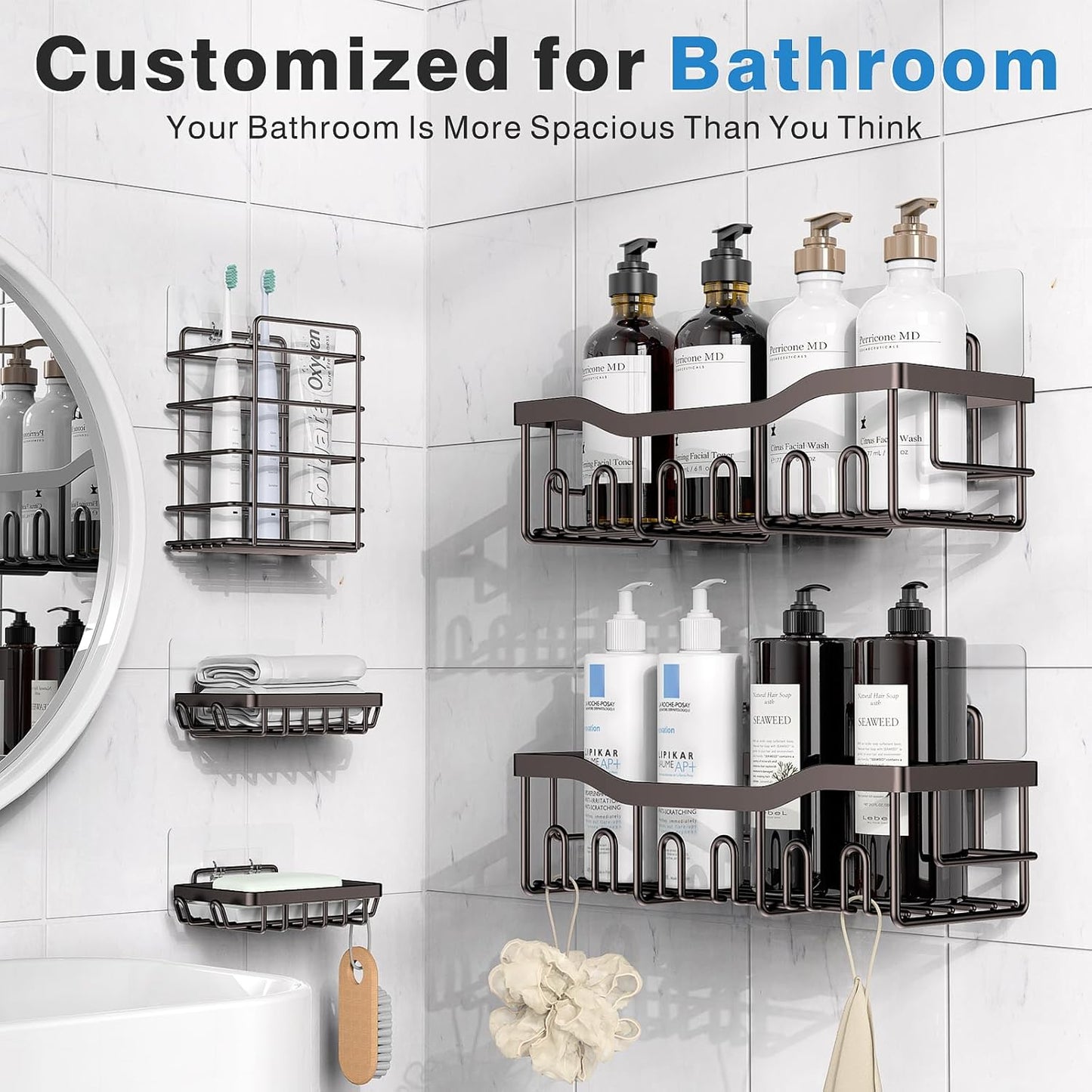 5-Pack Rustproof Stainless Steel Shower Caddy – No Drill Adhesive Bathroom Organizer with Large Capacity, Spacious Shower Shelves for Inside Shower, Kitchen & Home Decor Storage