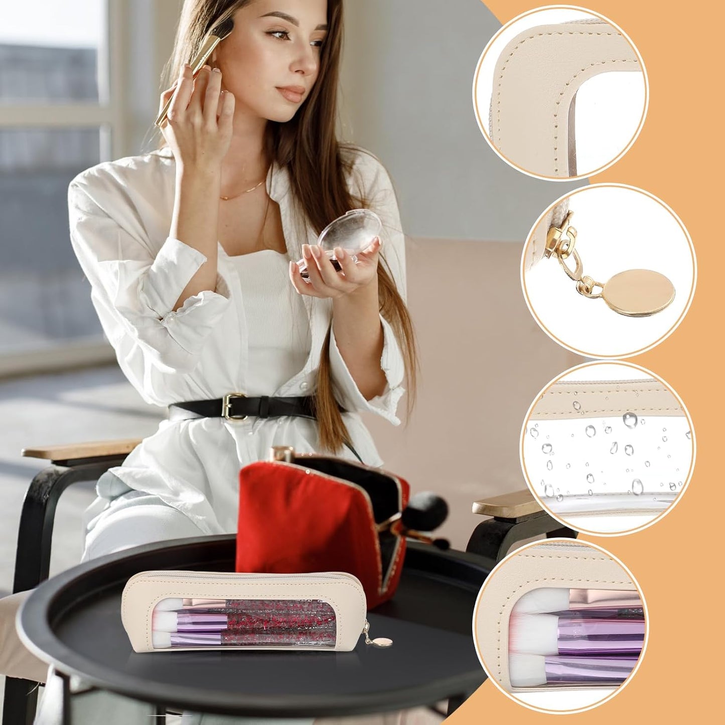 Clear Makeup Bag, Portable Transparent Cosmetic Organizer, PU Leather Makeup Brush Holder, Waterproof Travel Toiletry Pouch with Zipper for Women, Slim Makeup Case for Home, Office, Travel, Beige