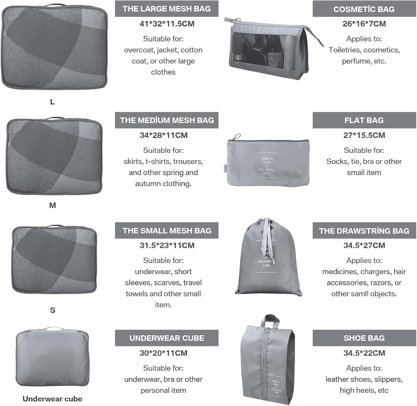 My Corgi Living 8-Piece Cube Travel Luggage Organizer Set - Efficient Luggage Separators & Travel Storage Cubes with Toiletry Makeup Bag, Shoe Bag - Perfect for Families, Men & Women (Grey)