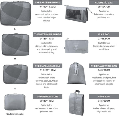 My Corgi Living 8-Piece Cube Travel Luggage Organizer Set - Efficient Luggage Separators & Travel Storage Cubes with Toiletry Makeup Bag, Shoe Bag - Perfect for Families, Men & Women (Grey)