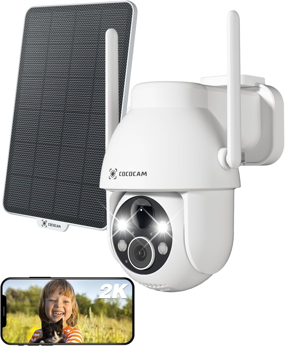 COCOCAM Solar Camera Outdoor Wireless, 2K PTZ 2.4GHz Wi-Fi, Home Security, AI Motion Detection, Color Night Vision, 2-Way Audio, IP66, Cloud (White)