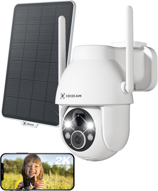 COCOCAM Solar Camera Outdoor Wireless, 2K PTZ 2.4GHz Wi-Fi, Home Security, AI Motion Detection, Color Night Vision, 2-Way Audio, IP66, Cloud (White)