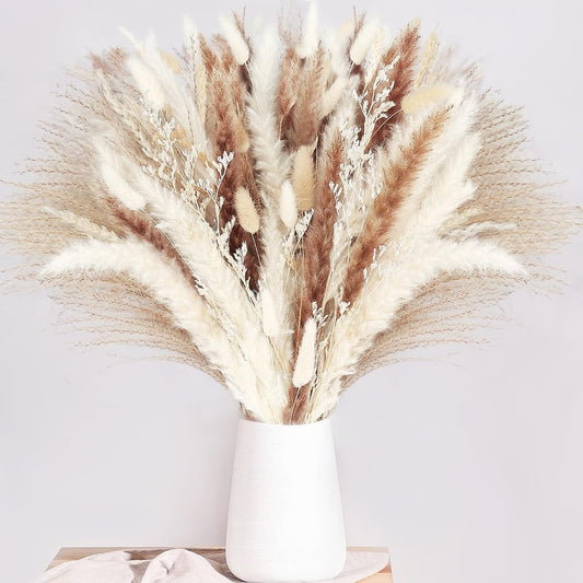 86PCS Natural Dried Pampas Grass Mix Bouquet, Boho Home Decor Phragmites Dried Flowers Reed, Bunny Tails Table Decor, Pompas Grass for Wedding Floral Arrangements Rustic Farmhouse Party Fall Decor