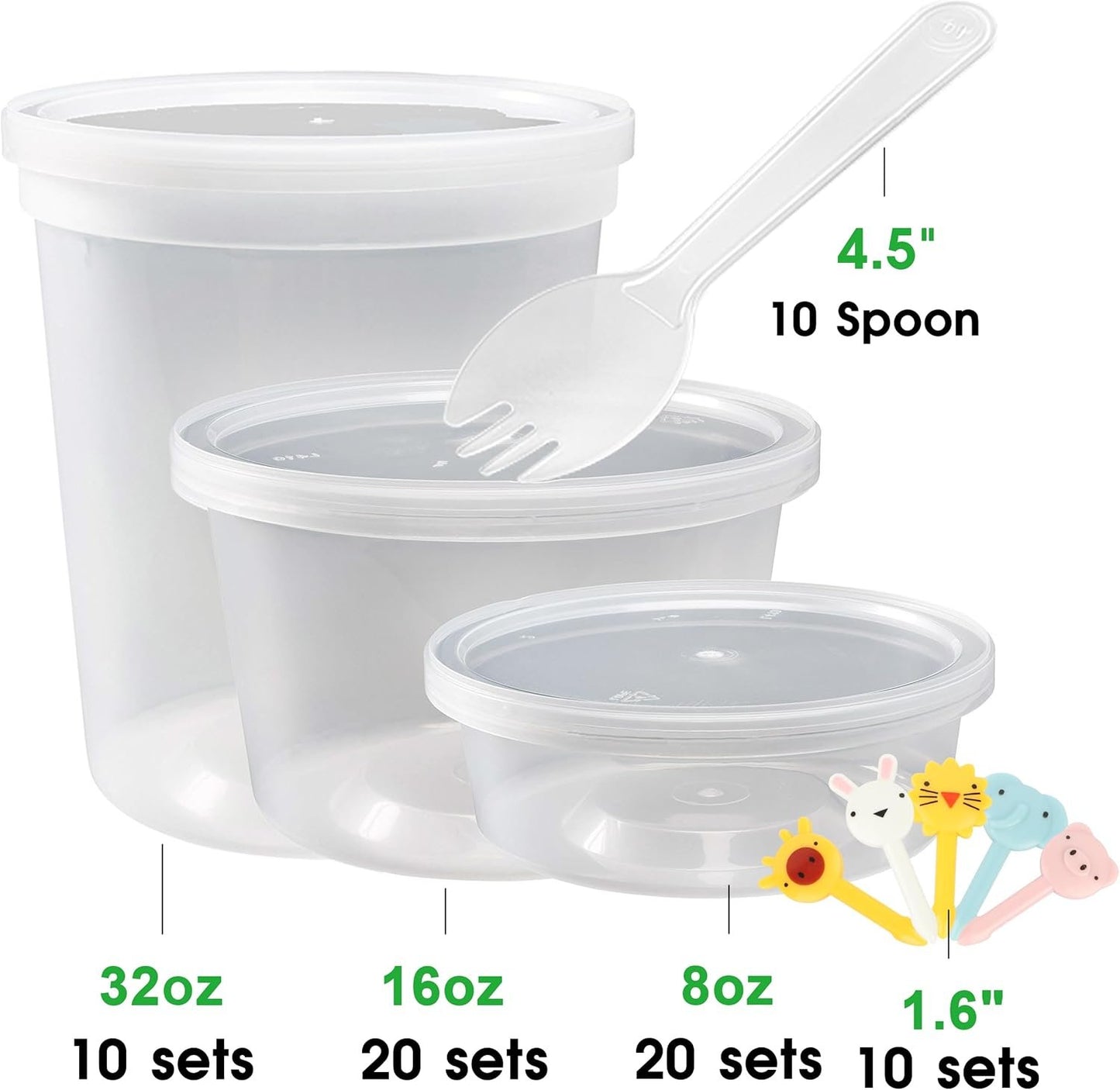 [60 Pack,3 Sizes] Food Storage Containers with Lids, 50 Pack 8oz, 16oz, 32oz Airtight Deli Food Container w 10 Spoons, BPA-Free Leakproof Takeout Meal Prep Dishwasher Safe (60 Pack,3 Mixed Size)