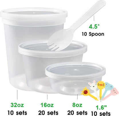 [60 Pack,3 Sizes] Food Storage Containers with Lids, 50 Pack 8oz, 16oz, 32oz Airtight Deli Food Container w 10 Spoons, BPA-Free Leakproof Takeout Meal Prep Dishwasher Safe (60 Pack,3 Mixed Size)