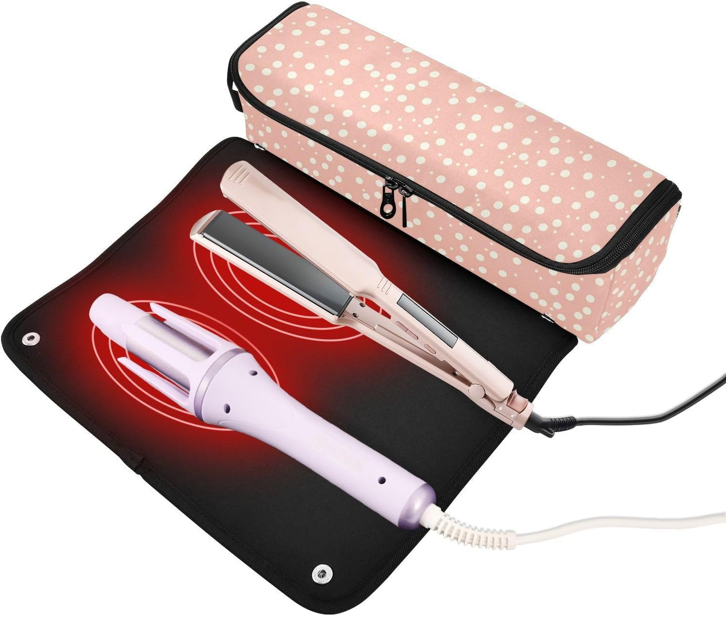 FRODOTGV Borsa da viaggio rosa a pois per strumenti per capelli caldi con tappetino in ferro antipolvere borsa da viaggio per piastra per utensili caldi e accessori per la cura dei capelli Custodia