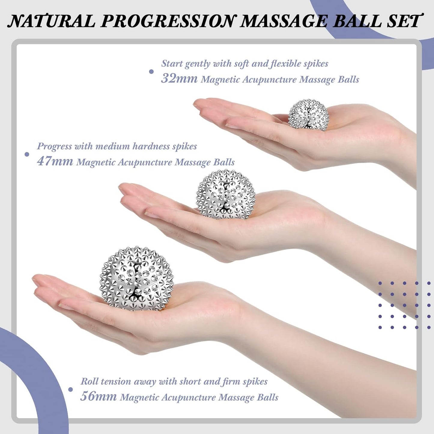 6 Pieces Massage Ball Hedgehog Balls for Muscle Recovery Magnetic Balls for Acupuncture Hand Therapy Stress Relief Diameter 32 mm 47 mm 56 mm (Silver)