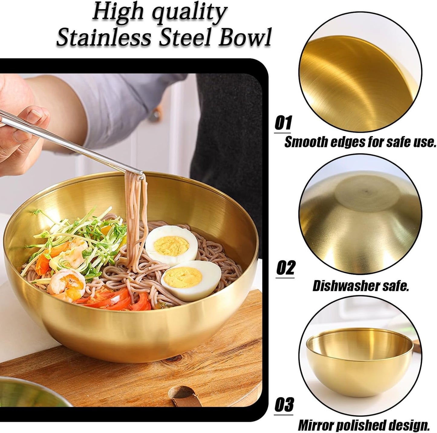 5 Pack 25 Oz Stainless Steel Bowl Set, Heat Insulated Metal Soup Bowls, Matte Finish Cereal Bowls for Rice Salad Noodle Snack Cooking Kitchen Ice Cream Serving Mixing Prep (Gold)