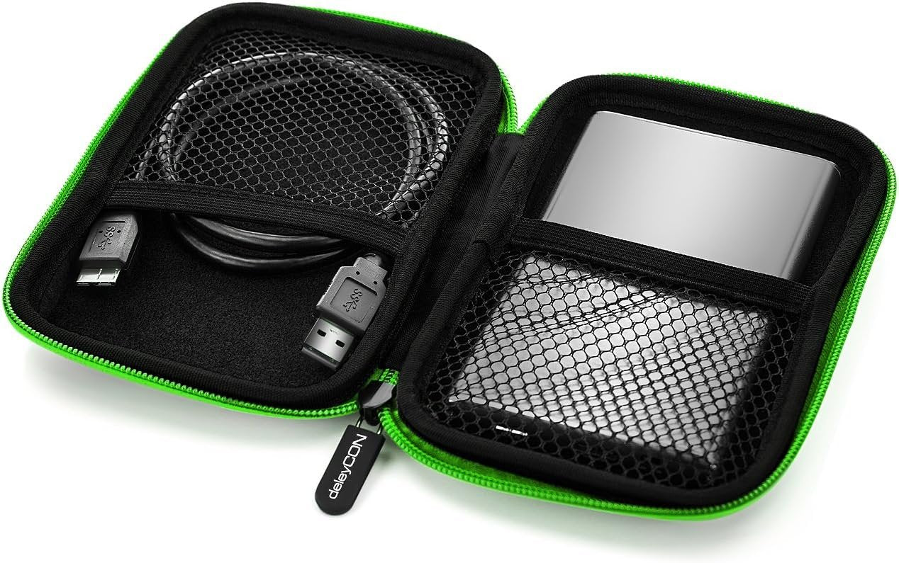 deleyCON Hard Drive Bag HDD Case for 2.5" Hard Drives and SSD - Robust and Shockproof - 2 Internal Compartments with Mesh Pockets - Green
