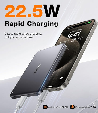TORRAS MiniMag Power Bank,Ultra-Slim 10,000mAh Magnetic Wireless Portable Charger, 22.5W Fast Charging Battery Pack with USB-C Cable Designed for iPhone 16 Pro Max/16 Pro/16/15/14/13/12, Glacier Gray