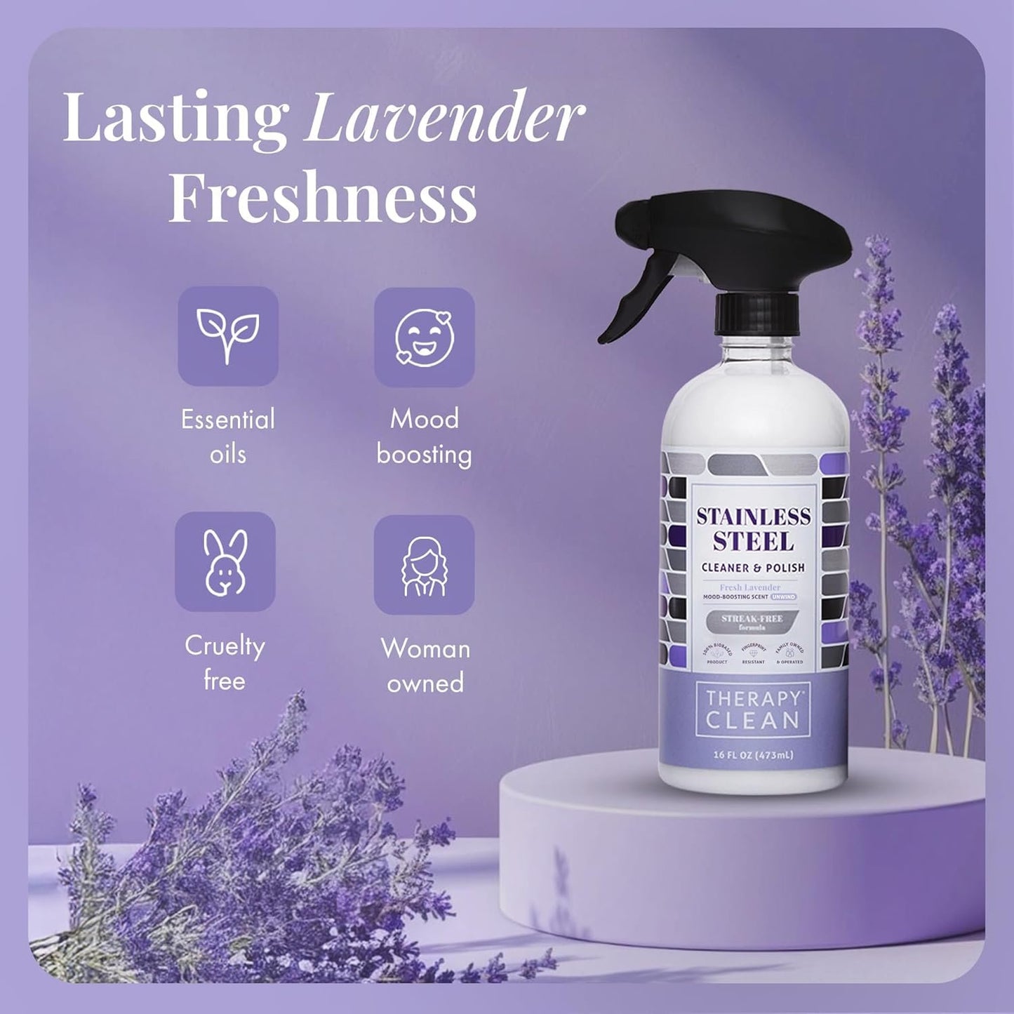 Therapy Stainless Steel Cleaner and Polish 100% USDA BioBased, Fingerprint and Residue Remover, Lavender Essential Oil Scent, Sink Cleaner, Grill Cleaner Spray