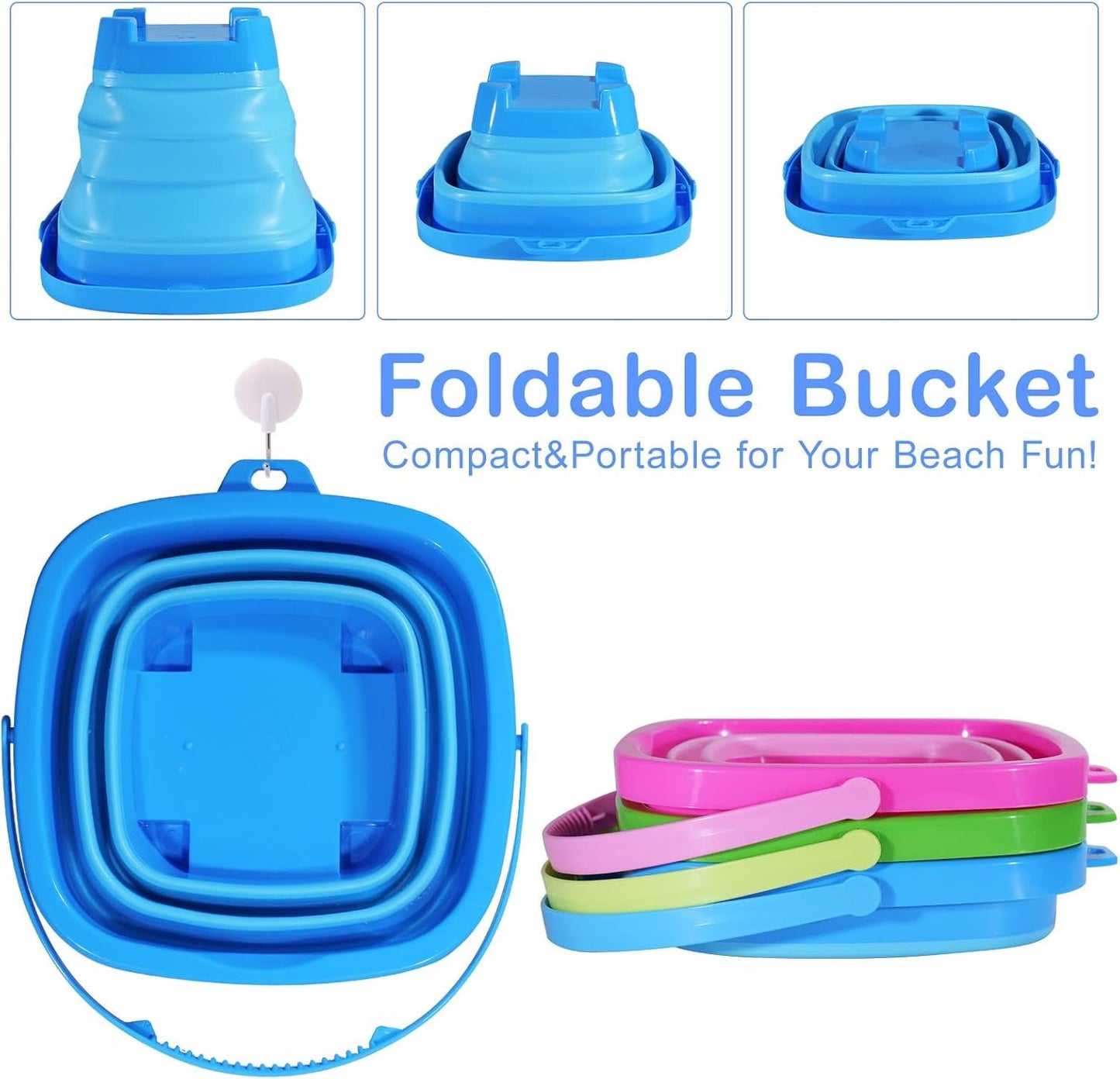 Holady Beach Bucket Sand Toy for Kids,10 PCS Kids Foldable Sand Bucket, Foldable Bucket Portable Silicone Pail and Beach Shovels Set for Kids Beach Play