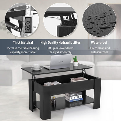 Table Wooden Lift Tabletop Dining Table Coffee Table with Hidden Compartment Storage Shelf Lift Top Coffee Table for Living Room Home- Black
