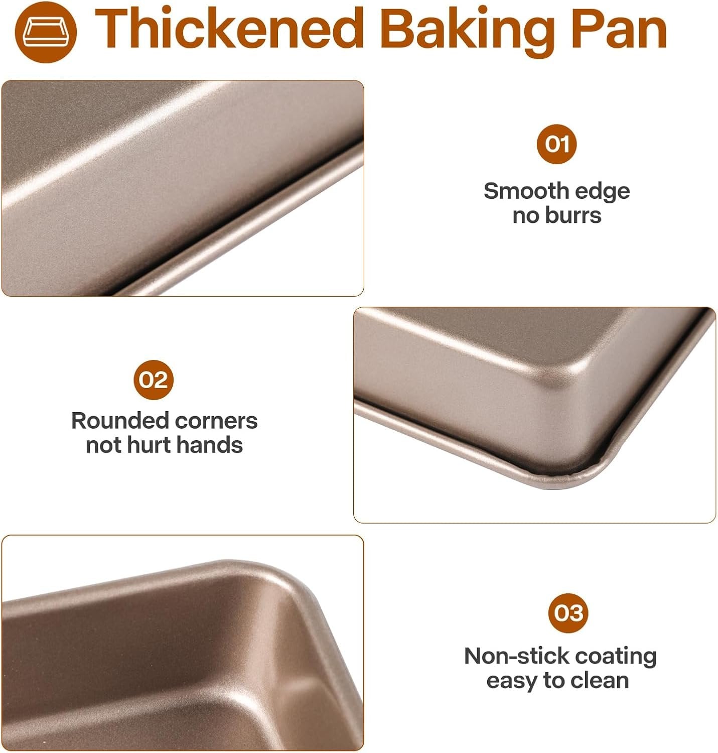 Barlket 3-Pieces Rectangle Cake Pan, Deep Baking Pans Set, Nonstick Roasting Pans Set for Thanksgiving Christmas, 9/11/13 Inch, Toaster Oven Tray Bakeware Set, Lasagna Pan Deep Size, Heavy Duty, Gold