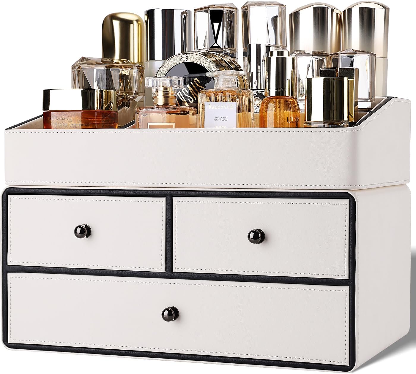 GORESE Cosmetic Organizer, 2 Shelves 3 Drawers Leather Makeup Organizer Make Up Makeup Holder Desk Organizer Bathroom Organizer for Bedroom, Bathroom, Dressing Table(White)