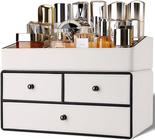 GORESE Cosmetic Organizer, 2 Shelves 3 Drawers Leather Makeup Organizer Make Up Makeup Holder Desk Organizer Bathroom Organizer for Bedroom, Bathroom, Dressing Table(White)