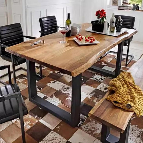 HM&DX Industrial Solid Wood Dining Table,Rectangle Kitchen Table Farmhouse Live Edge Dining Table,Wooden Table Top & Metal Base,Long Dining Room Table for 2,4,6,8(47.2" L x 23.6" W x 29.5" H, Brown)