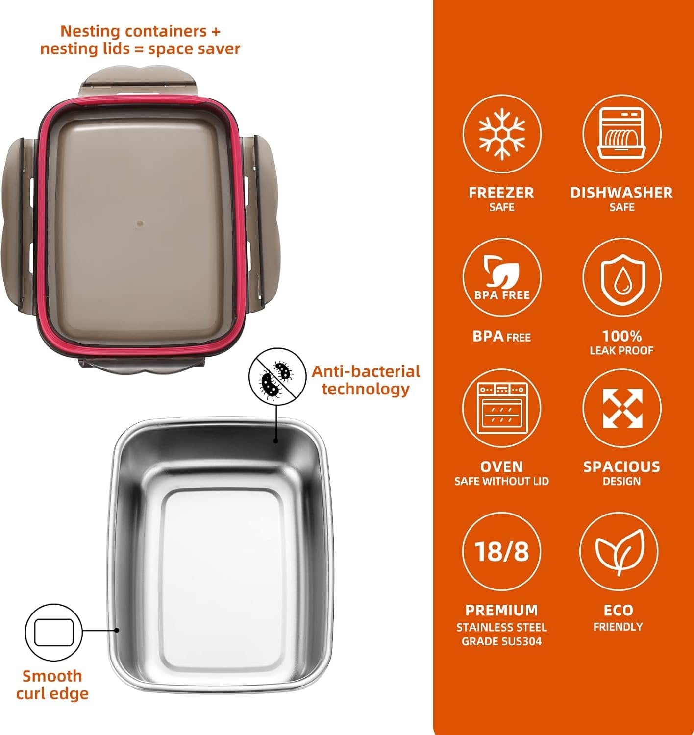 FAB4HOME Leak-proof Stainless Steel Food Storage Container Set of 3 Meal Prep Food Container with Lids Metal Fresh Storage Container for Freezer Oven Dishwasher Safe, 600ml/ 1500ml/ 2900ml Stackable