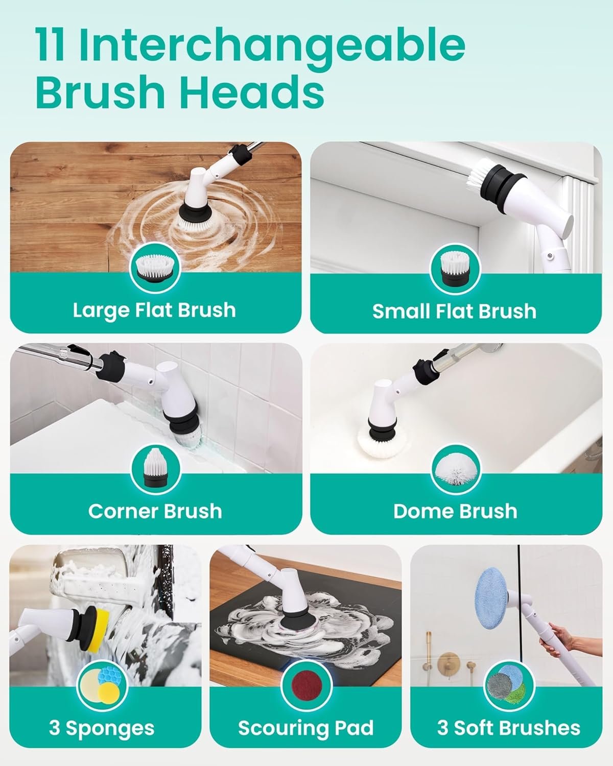 Electric Spin Scrubber Cordless - Bathroom Scrubber with 11 Replaceable Heads - Long Handle Electric Cleaning Brush