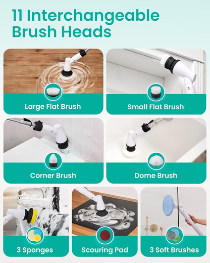 Electric Spin Scrubber Cordless - Bathroom Scrubber with 11 Replaceable Heads - Long Handle Electric Cleaning Brush
