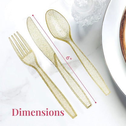 180-Piece Gold Plastic Silverware Set (60 Forks, Spoons, Knives) - Glitter Gold Cutlery - Glitter Clear Plastic Cutlery Set - Disposable Silverware Flatware - Fancy Party Utensils