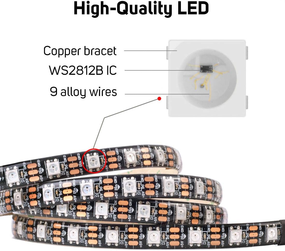 BTF-LIGHTING WS2812E Alloy Wires ECO RGB 5050SMD Individually Addressable 5m 60Pixel/m Flexible Black PCB Full Color LED Pixel Strip Dream Color IP65 Waterproof DIY Projects DC5V