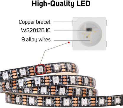 BTF-LIGHTING WS2812E Alloy Wires ECO RGB 5050SMD Individually Addressable 5m 60Pixel/m Flexible Black PCB Full Color LED Pixel Strip Dream Color IP65 Waterproof DIY Projects DC5V