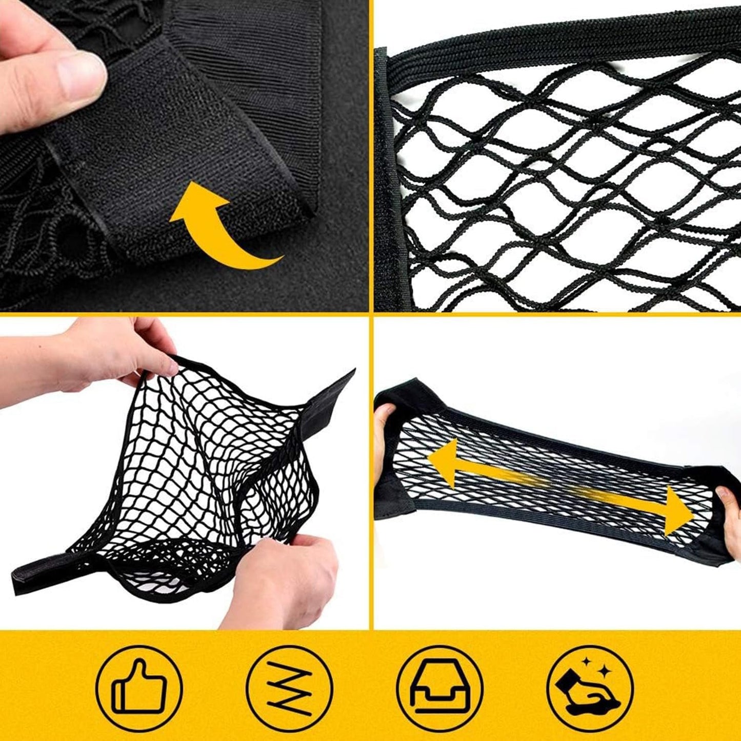 Yharnamite 2 Pcs Universal Mesh Cargo Net, Stretchable Storage Net with Tape Stickers, Wall Sticker Organizer Pouch Bag, Car Trunk Storage Organizer Net for Car, SUV, RV (15.7 x 9.8inch)
