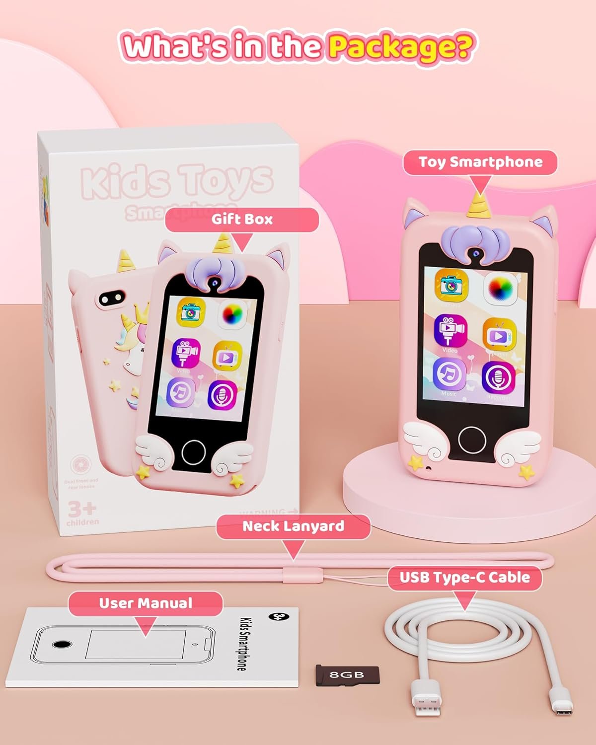 Kids Toy Smartphone, Gifts and Toys for Girls Boys Ages 3-8 Years Old, Fake Play Unicorn Toy Phone with Music Player Dual Camera Puzzle Games Touchscreen, Birthday, Kids Trip Activity