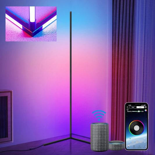 Anyuainiya Smart RGB Corner Floor Lamp, Upgraded 3-Sided LED Standing Light with Alexa, Music Sync&16M Colors, App Control for Gaming Room