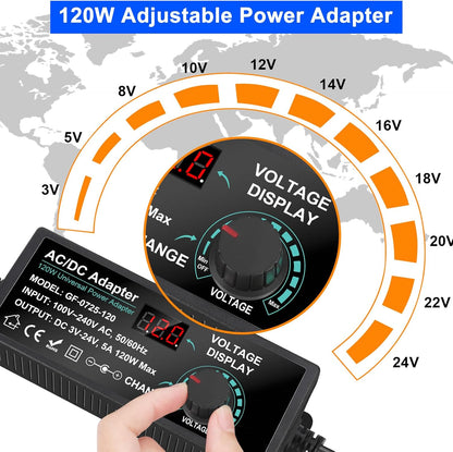 Carastek Adjustable Power Adapter 3V-24V 5A 120W with Digital Display Universal AC/DC 100V-240V AC to DC Adapter with 14 Tips and Polarity Converter for Home Electronics