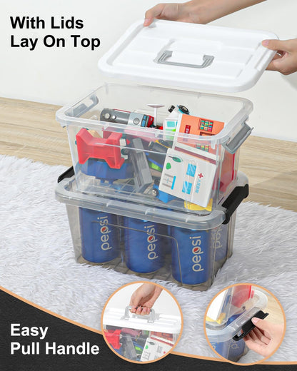 AREYZIN Plastic Storage Bins With Lids,6 Pack Storage Organizer Bins,7 Quart Stackable Storage container with Lid and Gray Handle Buckle Easy for Home Office Organization, with White Lids