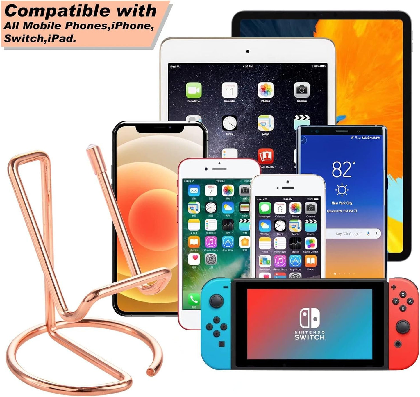 ROPOSY Cell Phone Stand Holder Desk Accessories, Cute Metal Rose Gold, Compatible with All Mobile Phones, iPhone, Switch, iPad