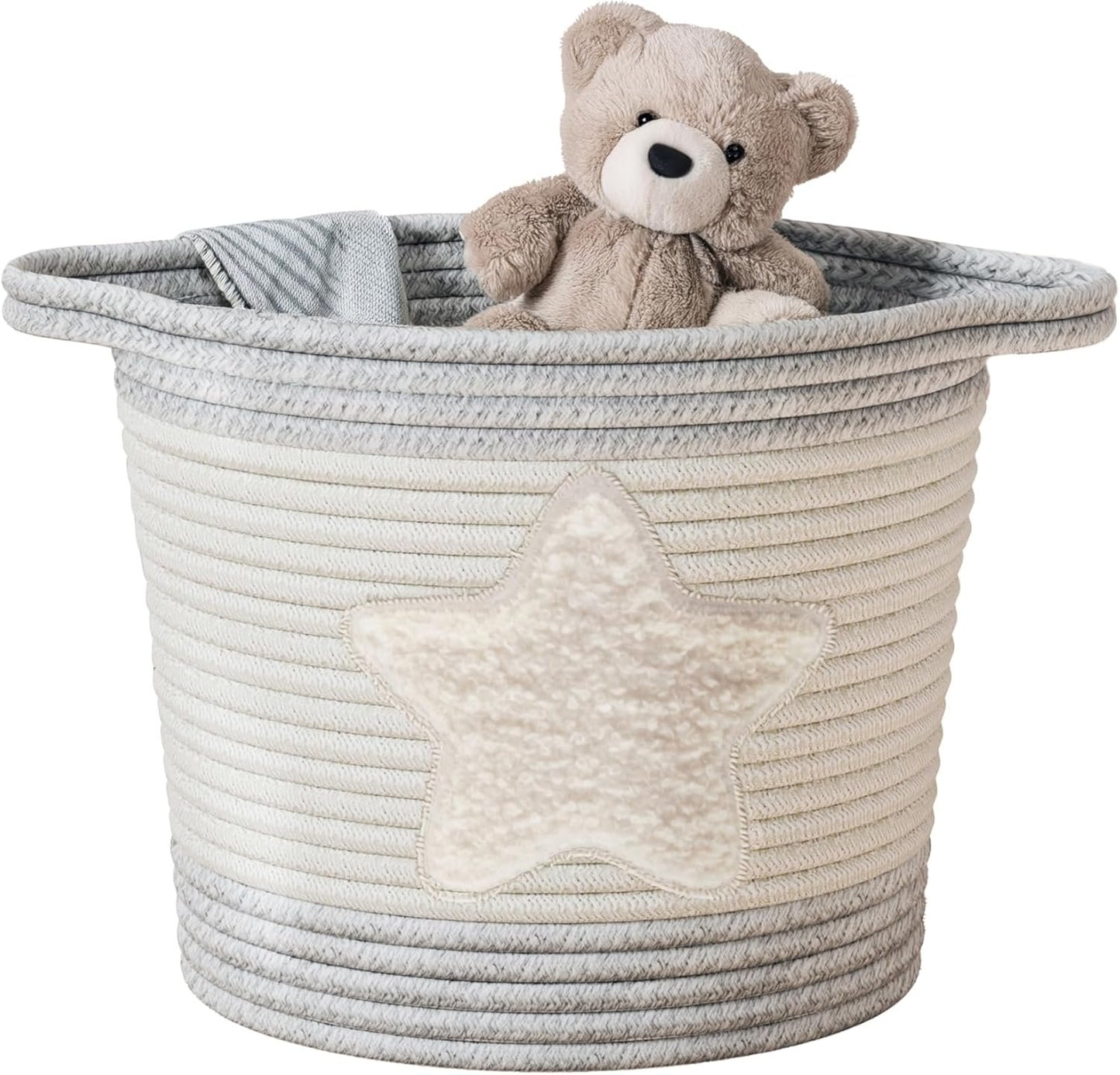 Zenna Home Cotton Rope Storage Basket with Star Boucle Patch, Round, 10"x10"x8", Ivory with Grey Trim, Decorative & Multi-Purpose for Home Organization