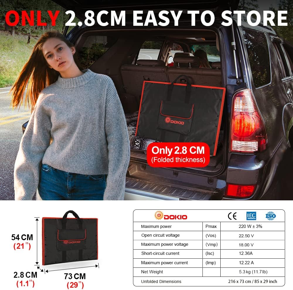 DOKIO 220W 18V High-Efficiency Monocrystalline Foldable Solar Panel Kit with Integrated Charge Controller High Conversion Efficiency for Solar Generator Camping Balcony RVs Off-Grid
