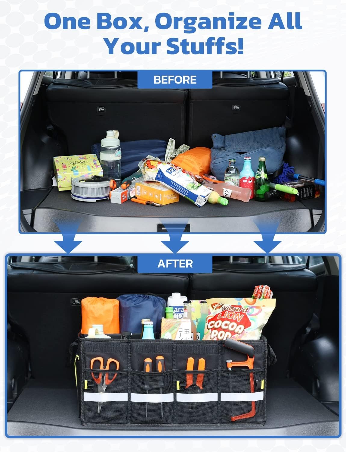 Oasser Car Trunk Organizer for SUV, Car Trunk Storage Organizer Collapsible Multi-compartments Cargo Storage Box with Foldable Cover, Reflective Strip, Non Slip Bottom E3A Black
