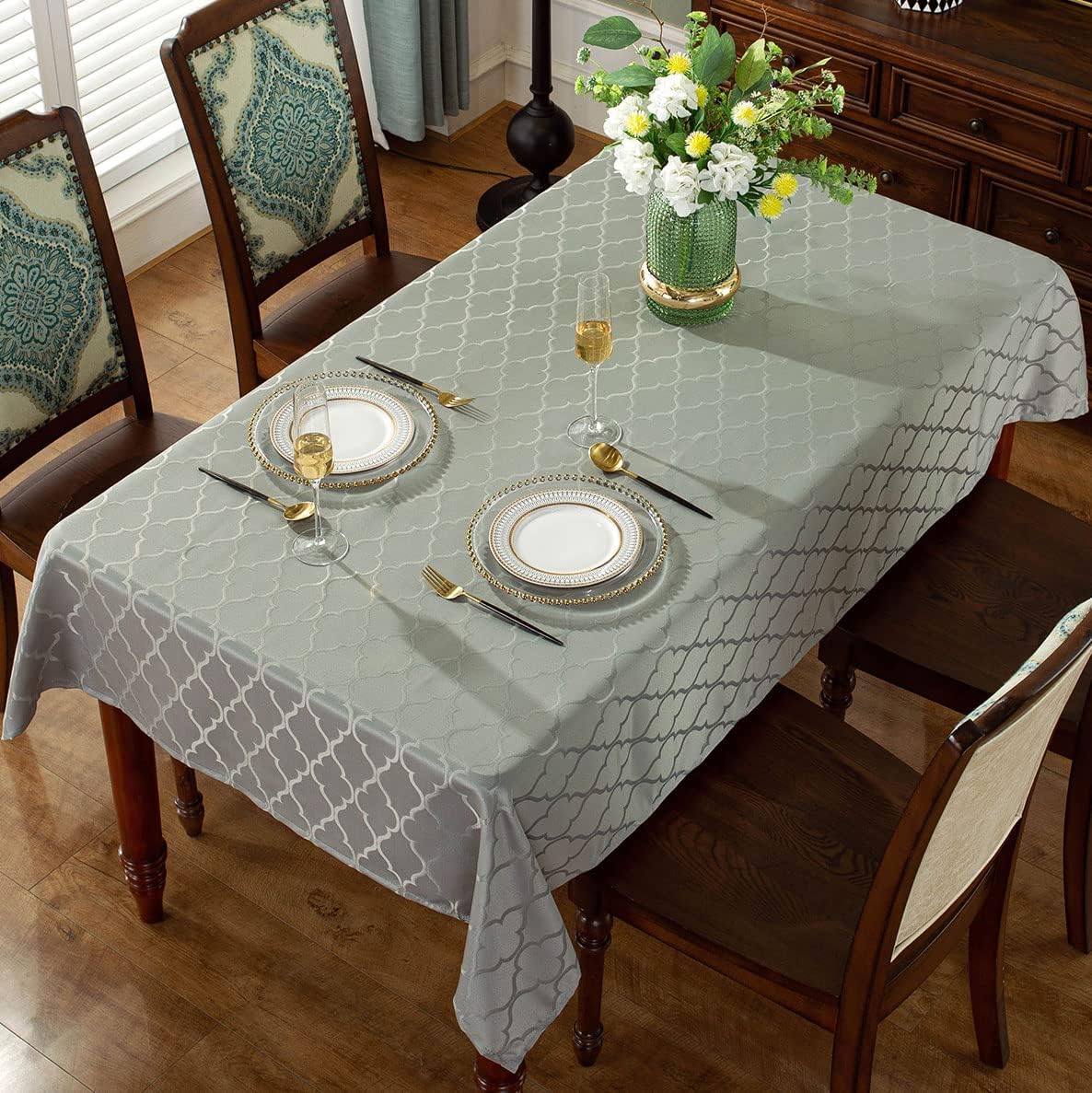 SASTYBALE Jacquard Tablecloth Damask Fabric Table Cloth Water Resistant & Wrinkle Free Spillproof Polyester Table Cover for Kitchen Dining Tabletop (Rectangle/Oblong, 52" x 70" (4-6 Seats), Gray)