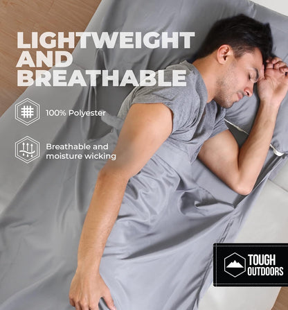 Tough Outdoors XL Sleeping Bag Liner - Travel Sheet & Sleep Sack for Adults - Lightweight & Ideal for Camping, Traveling, Hotels & Backpacking - Smooth & Breathable