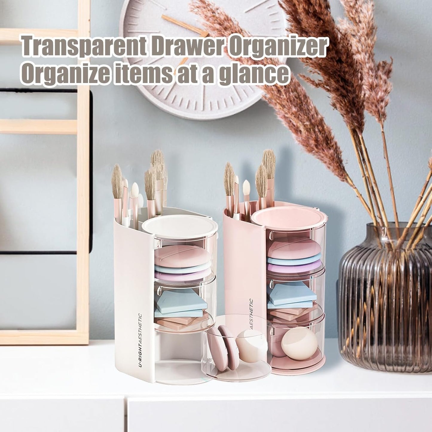 WCHOSOZH 3-Tier Clear Hair Accessories Organizer with Hair Brushes Holder, Rotatable Drawer Makeup Sponge Holder Desktop Organizer Case for Makeup Brushes,Lipsticks,Q-tip,Stationeries (White)