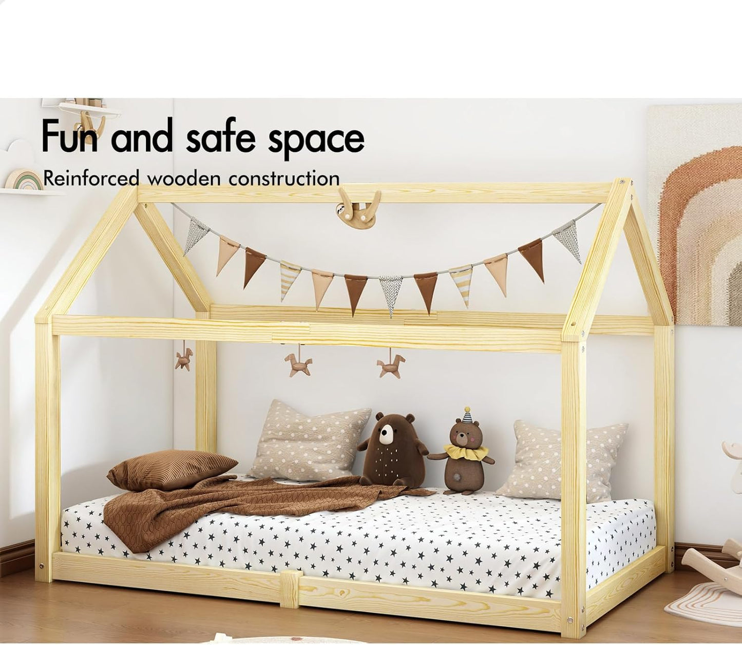 ALFORDSON Oak Kids Bed Frame w/o Guard Rail, Solid Pine Wood Bed Base Foundation Children's Beds, Wooden Timber House Frame Single Mattress Base Platform, Rocco Series Bedroom Furniture